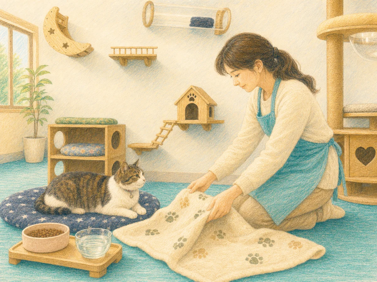 猫のために寝床を整える、ぷここん家のスタッフ