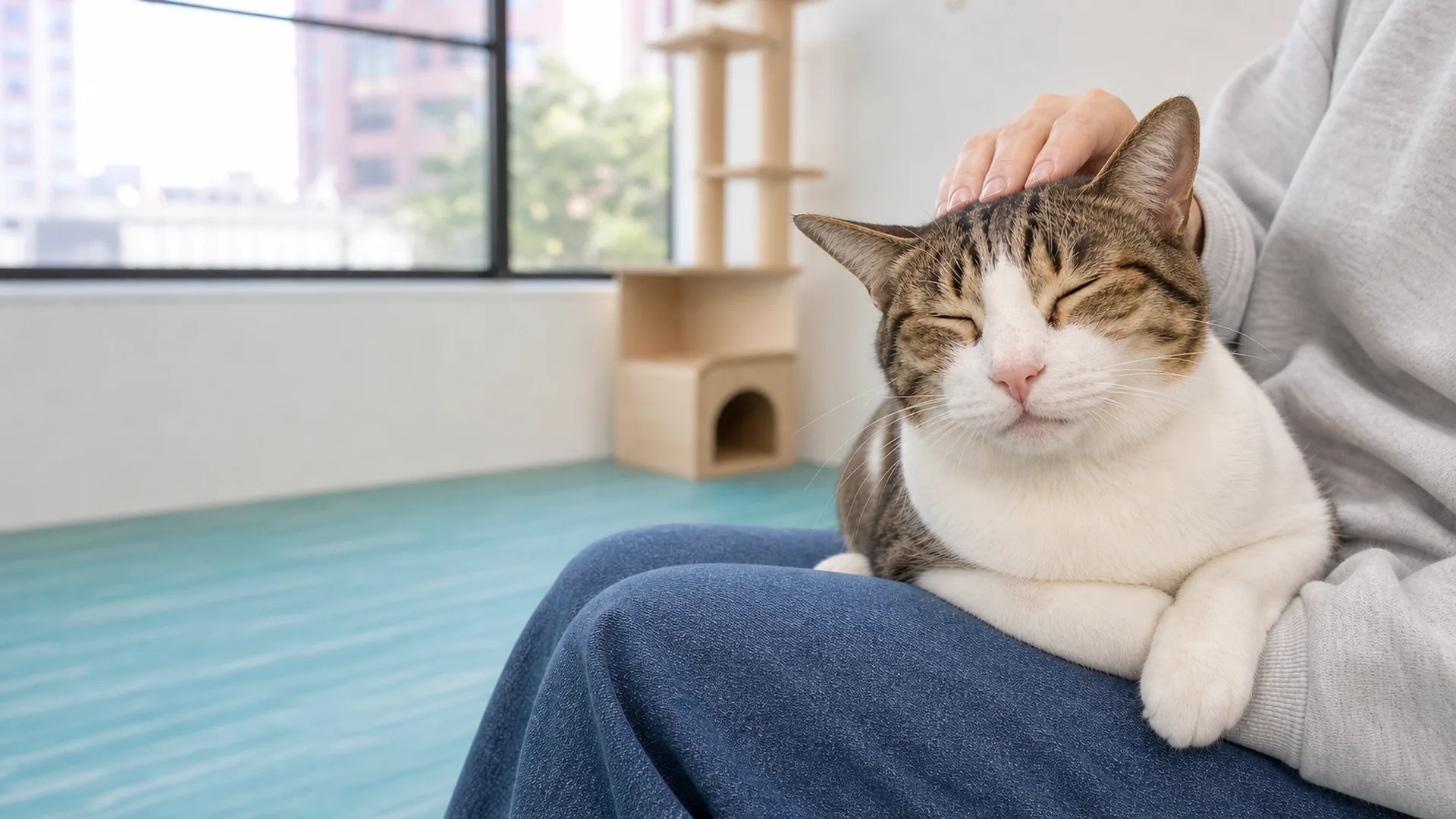 スタッフに撫でられてくつろぐ猫