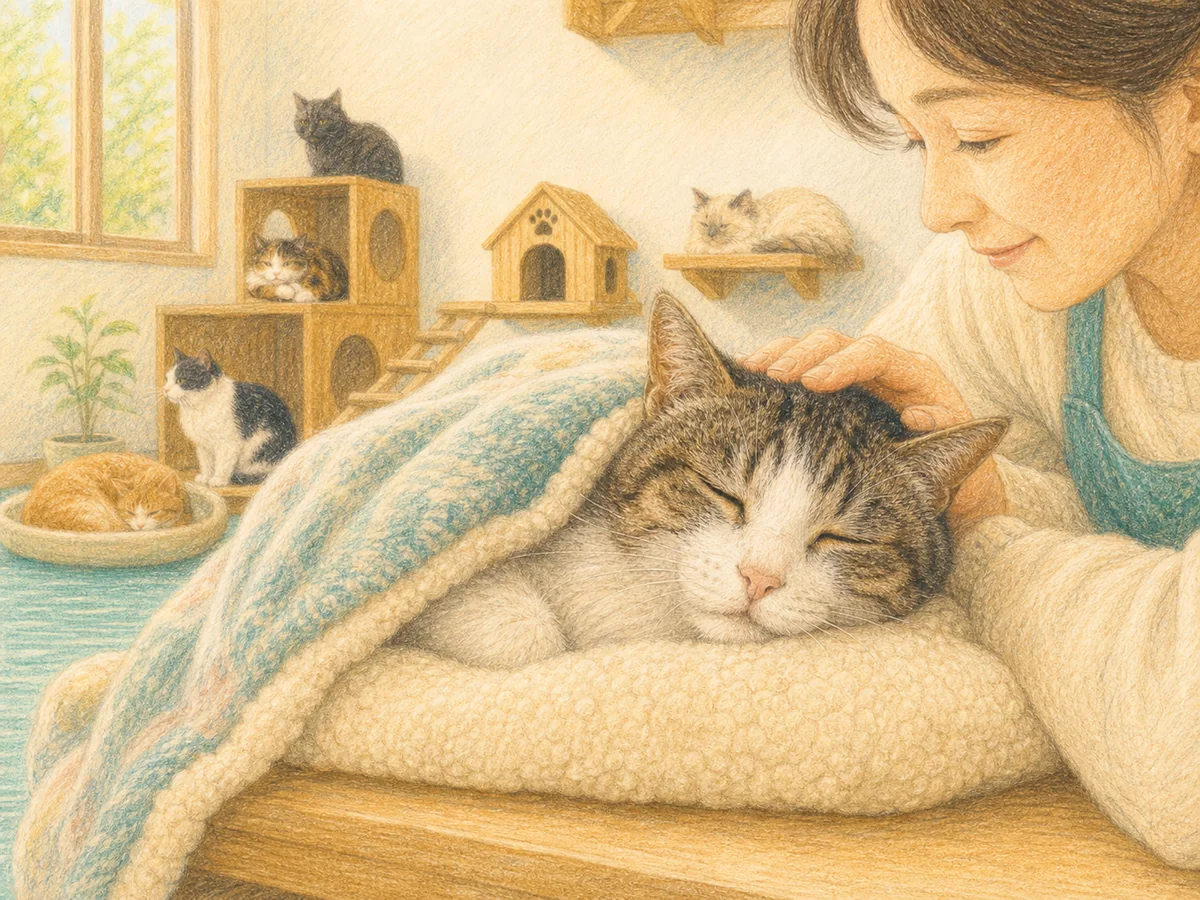 ブランケットの中で抱かれて安心する猫