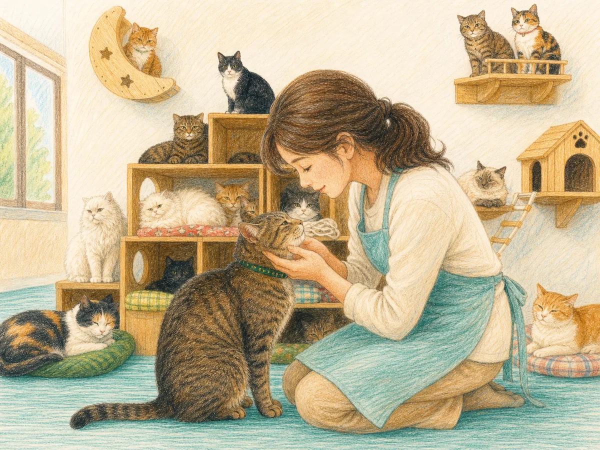 猫の体調を見守るスタッフ