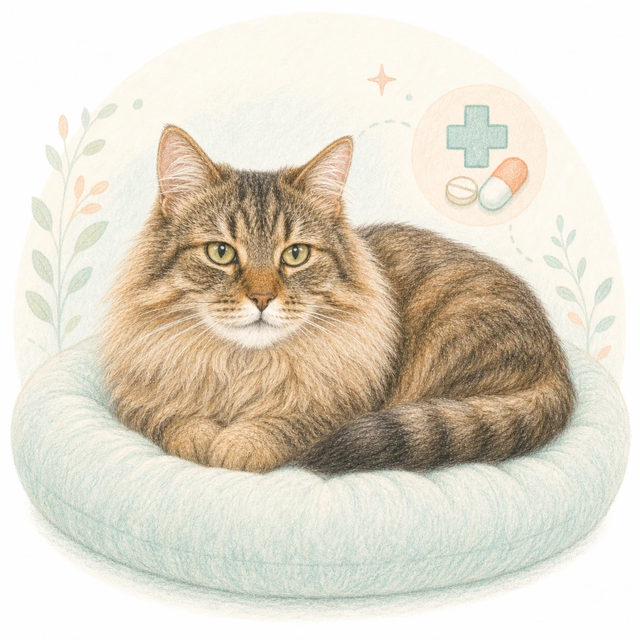お薬と医療マークが添えられた、くつろぐ猫