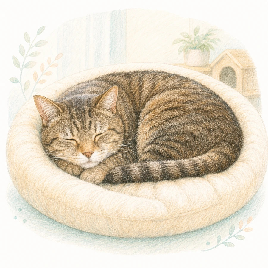 ベッドで丸まって眠る高齢の猫