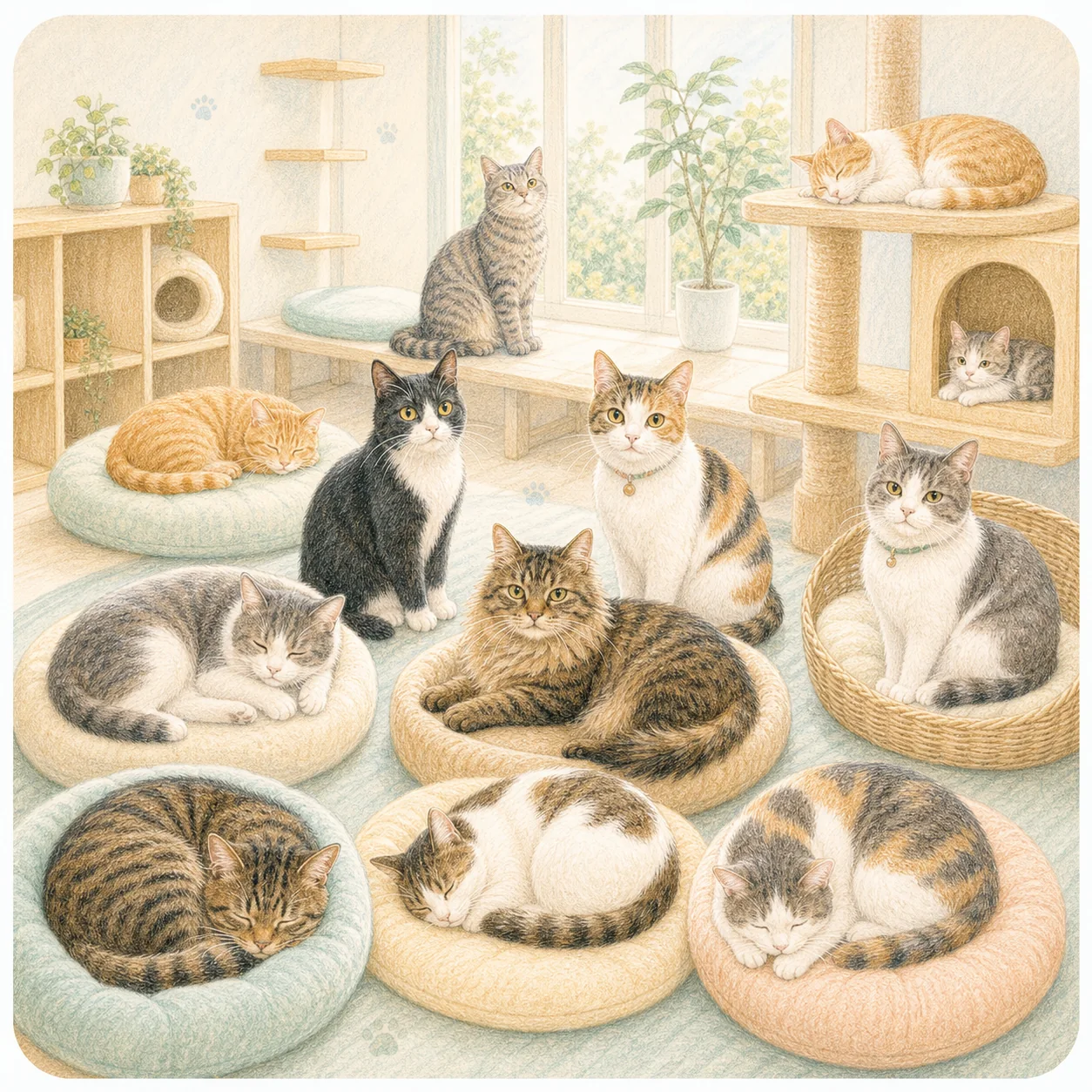 猫部屋でくつろぐ猫たち
